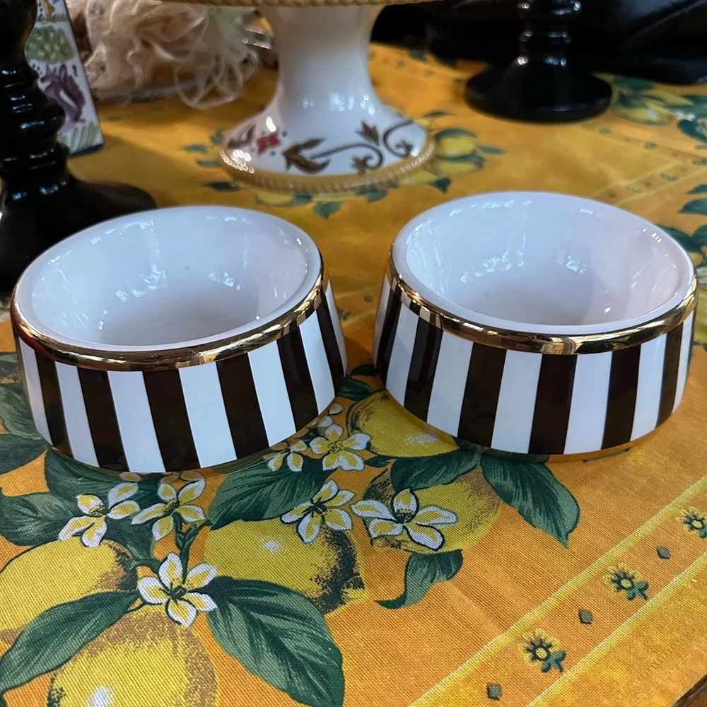 Vintage Henri Bendel Centennial Stripe and Gold Rimmed Pet Bowl Pair in EUC